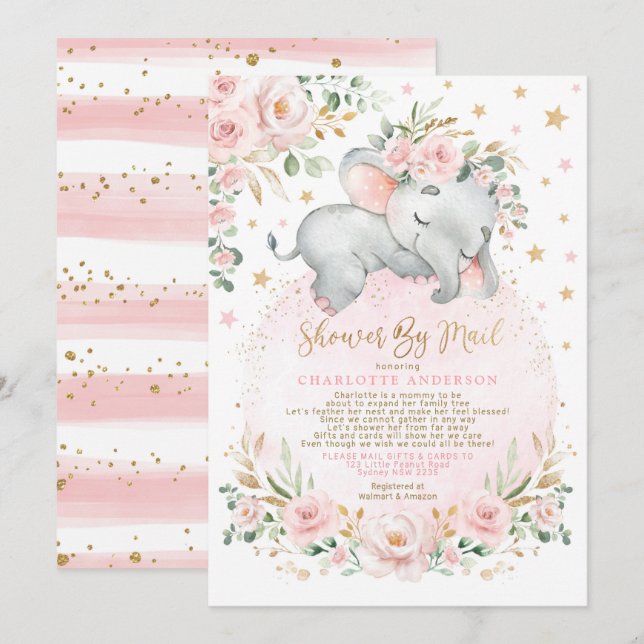 Cute Sleepy Elephant Pink Gold Baby Shower By Mail Invitation (Front/Back)