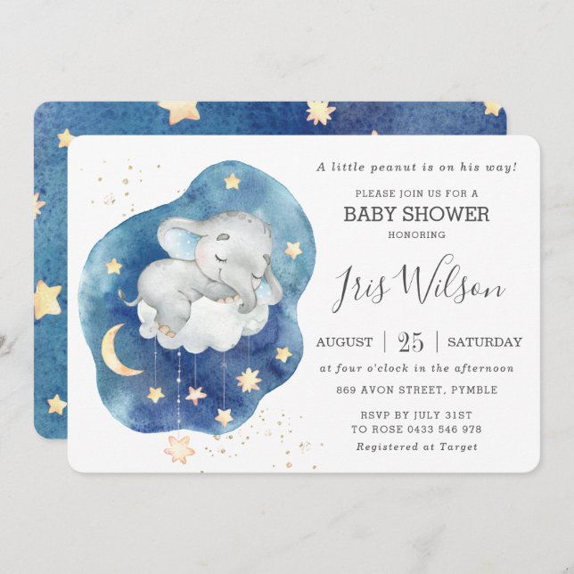Cute Sleepy Elephant Twinkle Star Baby Shower Boy Invitation (Front/Back)
