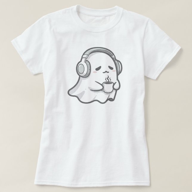 Cute Sleepy Ghost with Coffee  | WHITE ONLY T-Shirt (Design Front)