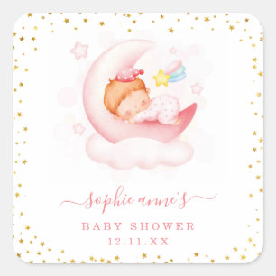 Cute Sleepy Girl Over The Moon Baby Shower Square Sticker