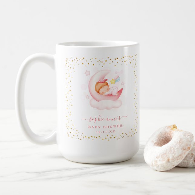 Cute Sleepy Girl Over The Moon Gold Baby Shower Coffee Mug (With Donut)