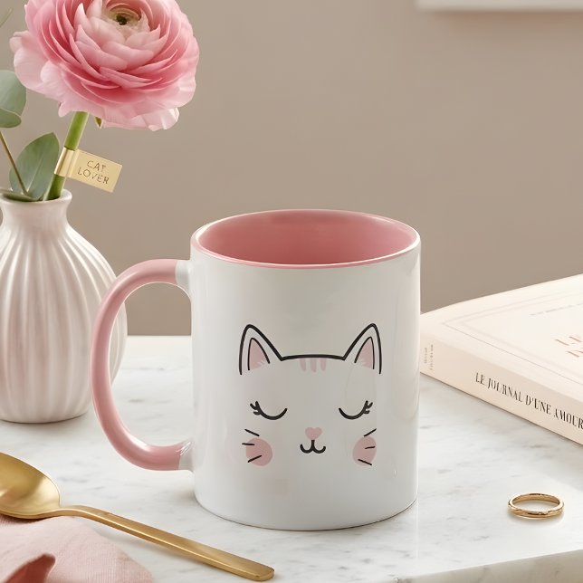 Cute Sleepy Kitty Face Pink & White Mug (Creator Uploaded)