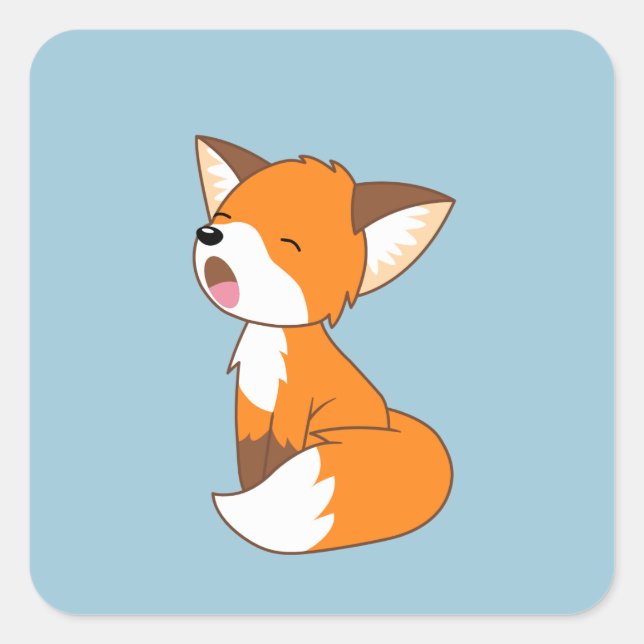 Cute Sleepy Little Fox on Blue Square Sticker (Front)
