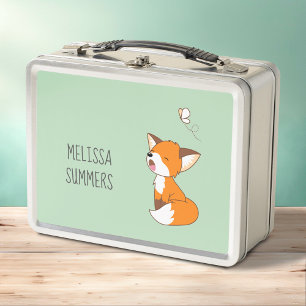Cute Sleepy Little Fox on Green Metal Lunch Box