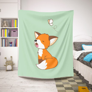 Cute Sleepy Little Fox on Green Sherpa Blanket