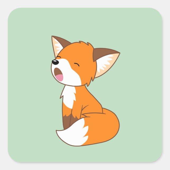 Cute Sleepy Little Fox on Green Square Sticker (Front)