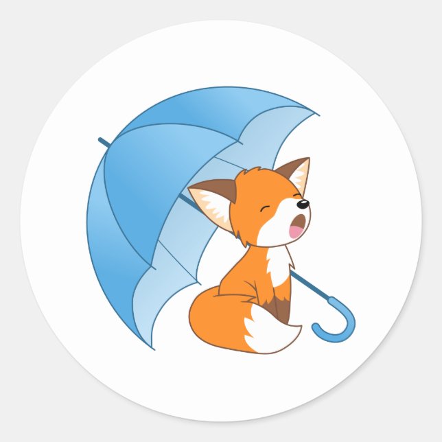 Cute Sleepy Little Fox under Umbrella Classic Round Sticker (Front)