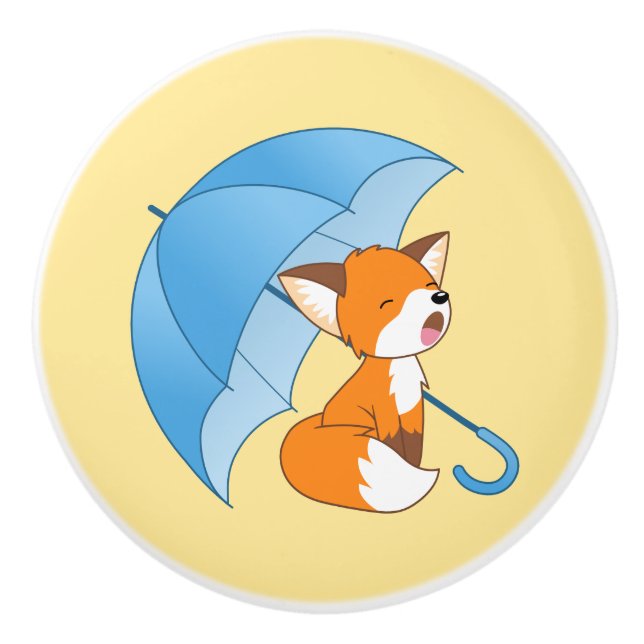Cute Sleepy Little Fox under Umbrella on Yellow Ceramic Knob (Front)