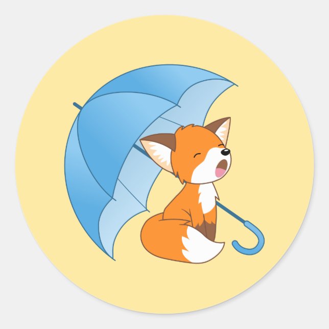 Cute Sleepy Little Fox under Umbrella on Yellow Classic Round Sticker (Front)