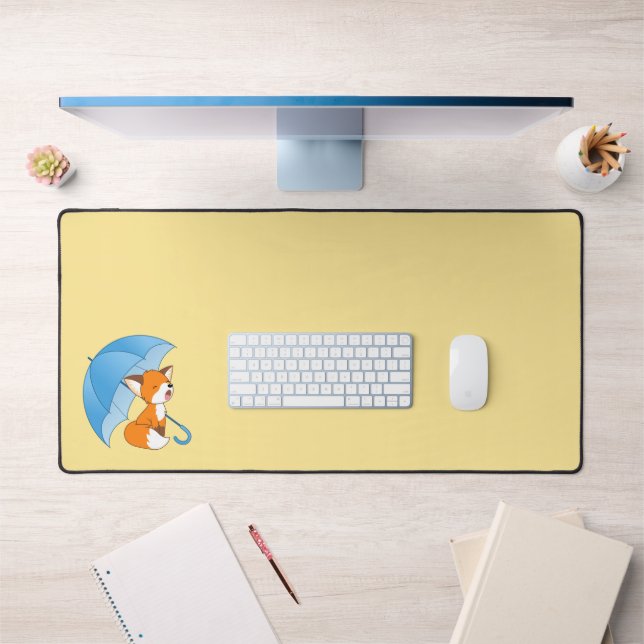 Cute Sleepy Little Fox under Umbrella on Yellow Desk Mat (Office 1)