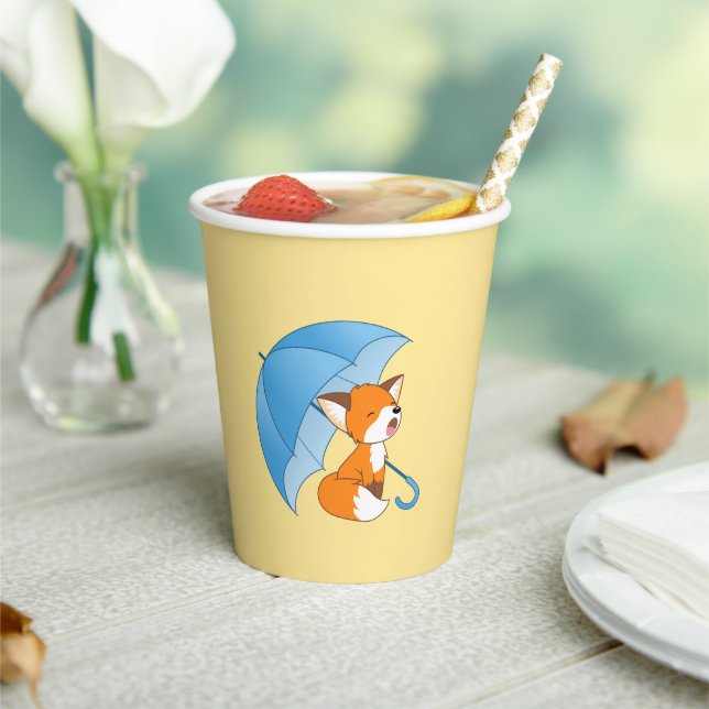 Cute Sleepy Little Fox under Umbrella on Yellow Paper Cups (Insitu)