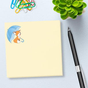 Cute Sleepy Little Fox under Umbrella on Yellow Post-it Notes