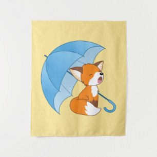 Cute Sleepy Little Fox under Umbrella Tapestry