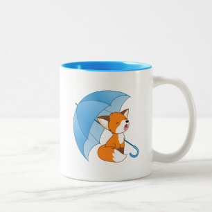 Cute Sleepy Little Fox under Umbrella Two-Tone Coffee Mug