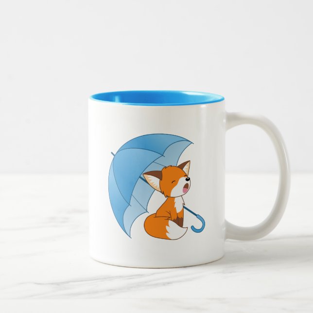 Cute Sleepy Little Fox under Umbrella Two-Tone Coffee Mug (Right)