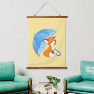Cute Sleepy Little Fox under Umbrella Yellow Hanging Tapestry