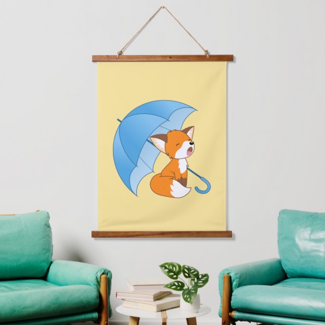 Cute Sleepy Little Fox under Umbrella Yellow Hanging Tapestry (Living Room)