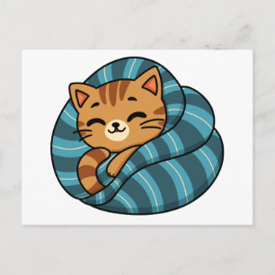 Cute Sleepy Orange Cat Under Blanket Kawaii Design Postcard