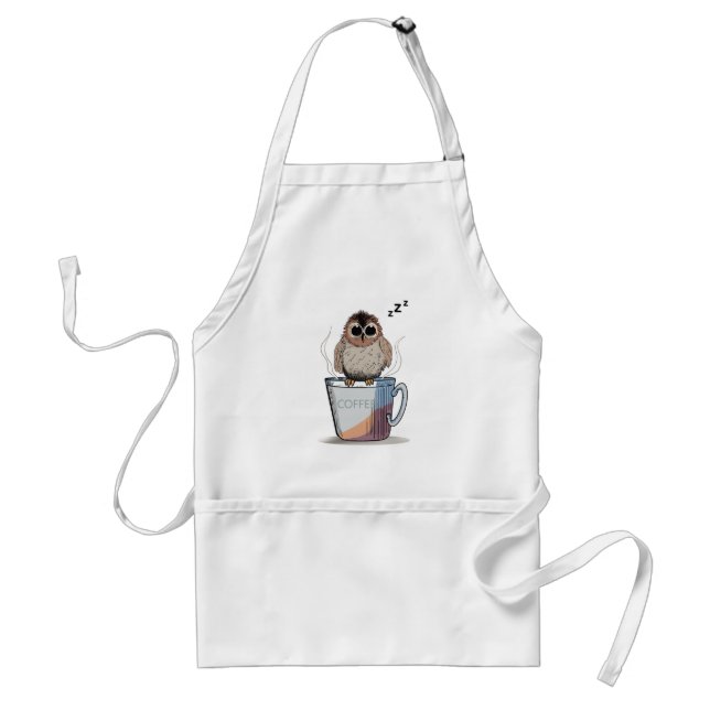 Cute Sleepy Owl Coffee Sketch Whimsical Apron (Front)