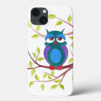 Cute sleepy owl on a tree cartoon