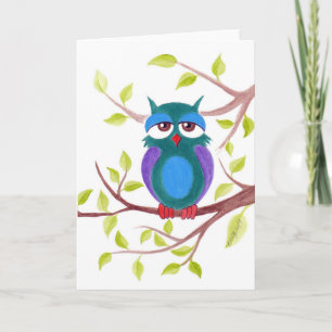 Cute sleepy owl on a tree cartoon Greeting card