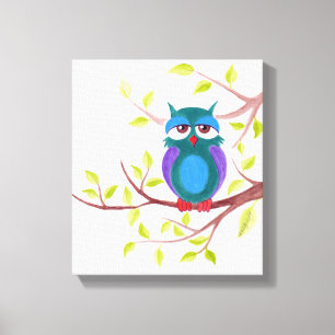 Cute sleepy owl on a tree Cartoon painting Canvas Print