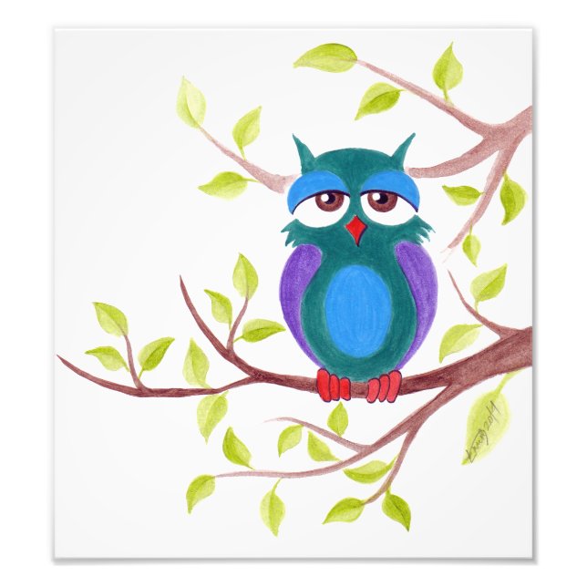 Cute sleepy owl on a tree Cartoon painting Photo Print (Front)