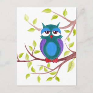 Cute sleepy owl on a tree cartoon postcard