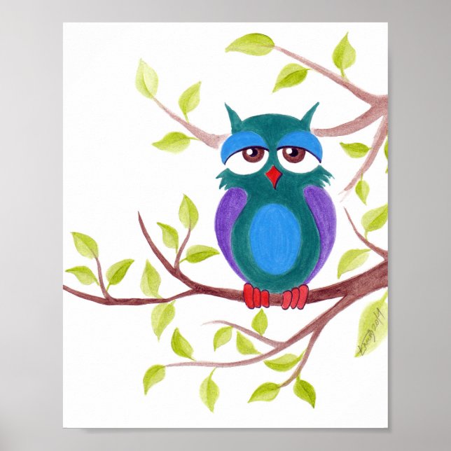 Cute sleepy owl on a tree cartoon Poster (Front)
