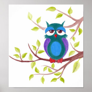 Cute sleepy owl on a tree cartoon Poster