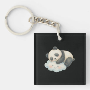 Cute Sleepy Panda on Cloud Watercolor Key Ring