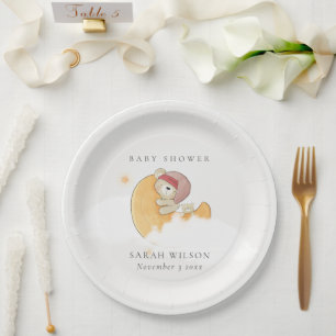 Cute Sleepy Pink Bear Over Moon Girl Baby Shower Paper Plate