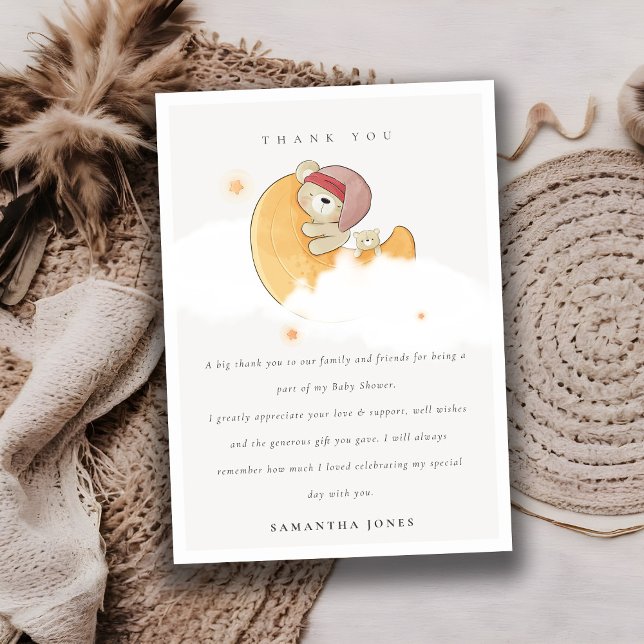 Cute Sleepy Pink Bear Over Moon Girl Baby Shower Thank You Card (Creator Uploaded)