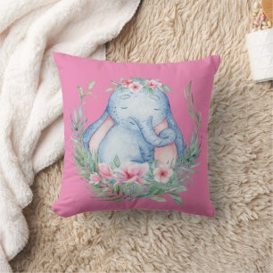 Cute Sleepy Safari Elephant PInk Floral Kids Room Cushion