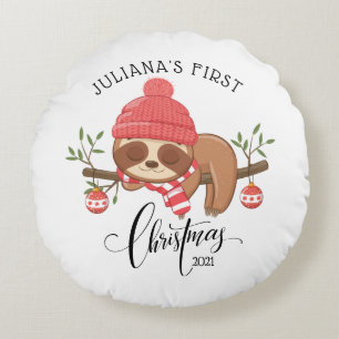Cute Sleepy Sloth Baby's First Christmas Round Cushion