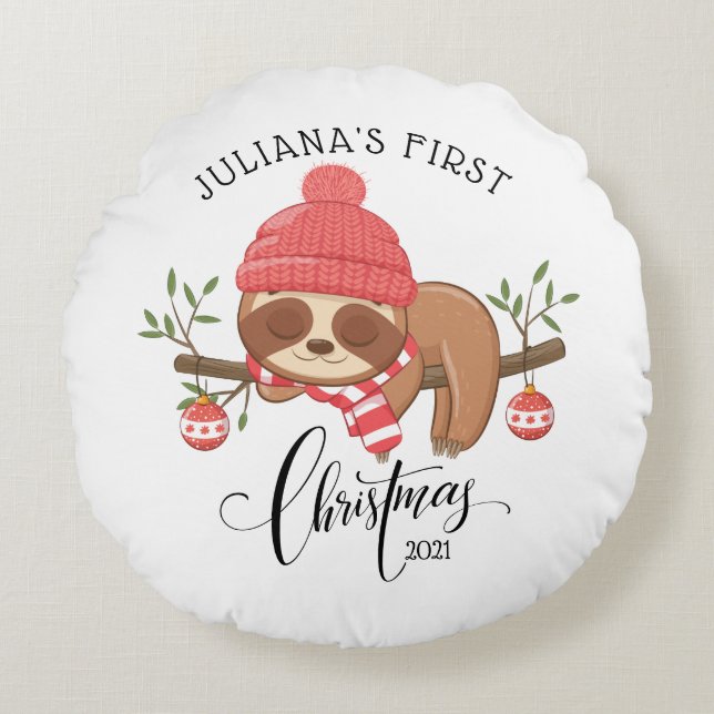 Cute Sleepy Sloth Baby's First Christmas Round Cushion (Front)