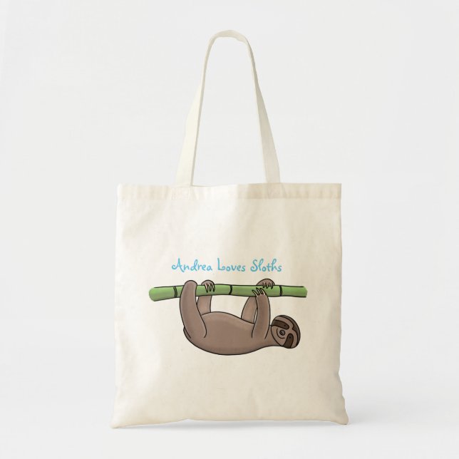 Cute sleepy sloth hanging on green bamboo cartoon tote bag (Front)