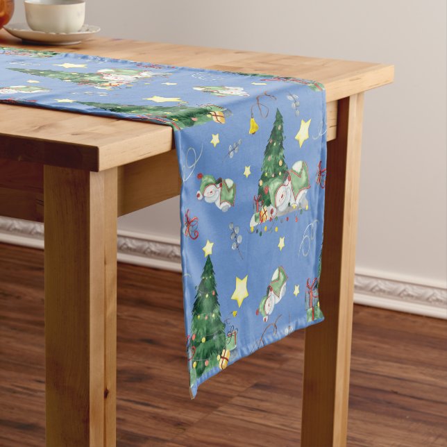 Cute Sleepy Snowman Holiday Pattern Short Table Runner (In Situ)