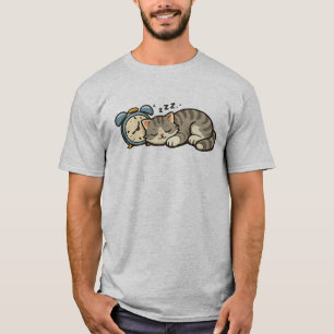 Cute Sleepy Tabby Cat and Retro Alarm Clock Illust T-Shirt