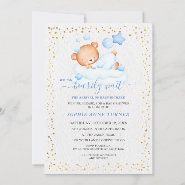 Cute Sleepy Teddy Bear Bearly Wait Boy Baby Shower Invitation (Front)