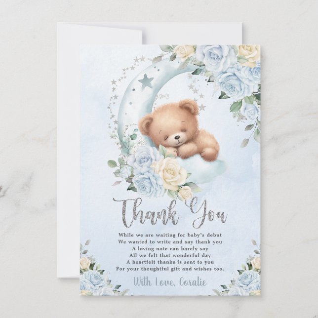Cute Sleepy Teddy Bear Blue Floral Boy Baby Shower Thank You Card (Front)