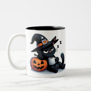 Cute Sleepy Witch Cat & Pumpkin Halloween Two-Tone Coffee Mug