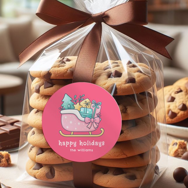 Cute Sleigh with Goodies Happy Holidays Pink  Classic Round Sticker (Creator Uploaded)