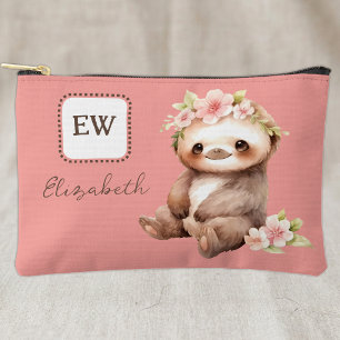 Cute sloth add initials name pink accessory pouch
