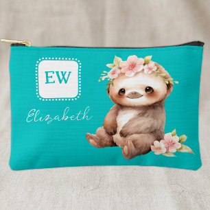 Cute sloth add initials name turquoise accessory pouch