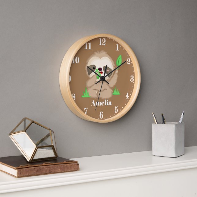 Cute sloth add name girls room decor clock (Office)