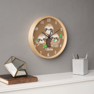 Cute sloth add name girls room decor clock