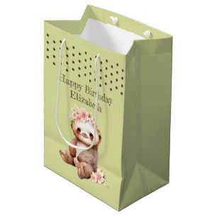 Cute sloth add name polka dots green medium gift bag