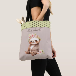 Cute sloth add name polka dots green tote bag
