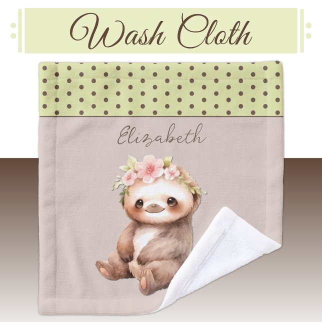 Cute sloth add name polka dots green wash cloth (Creator Uploaded)